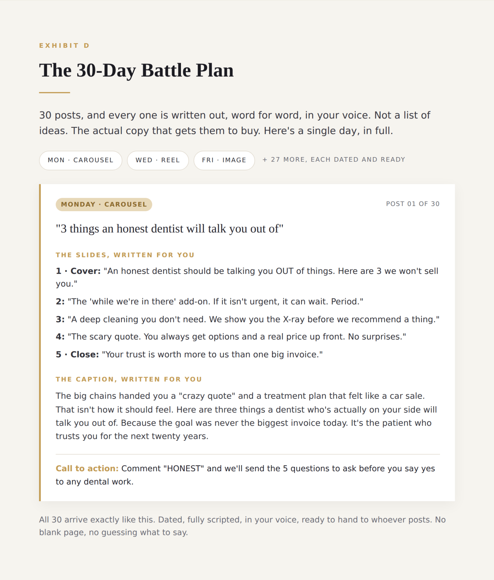 The 30-Day Battle Plan: a weekly content calendar.
