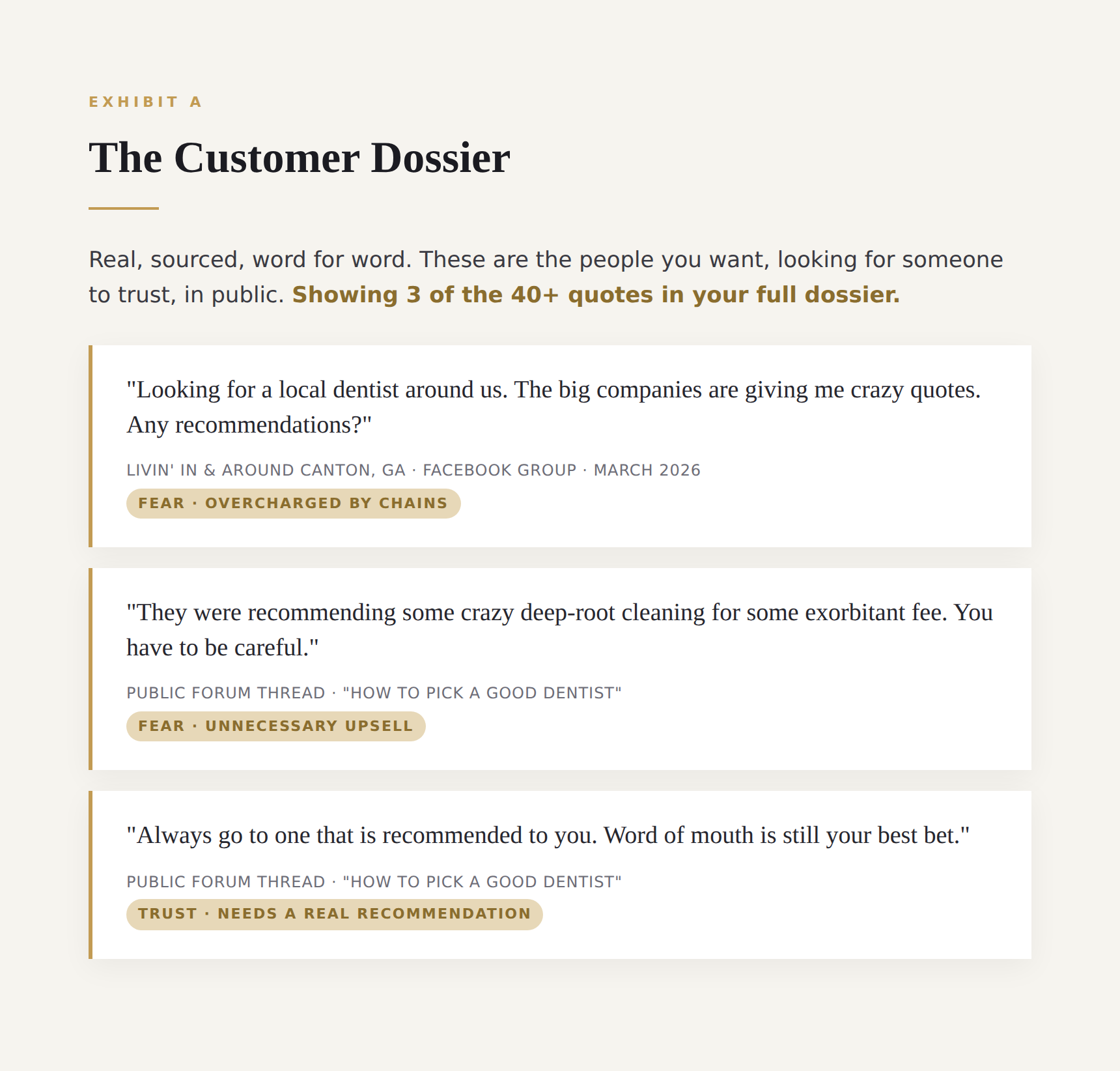 The Customer Dossier: real customer quote cards.